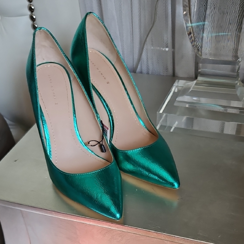 Zara Metallic Green Heels